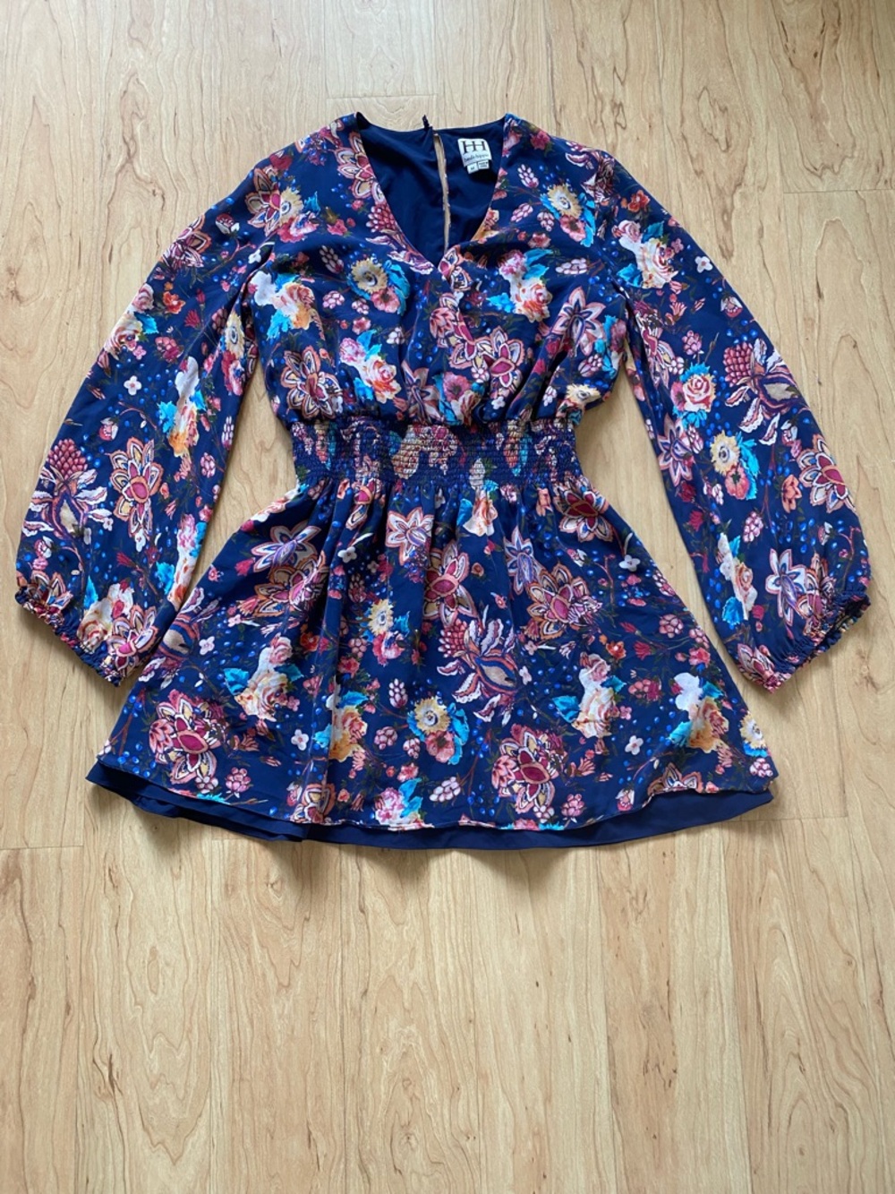 Haute Hippie Silk Navy Floral Long Sleeve Dress
